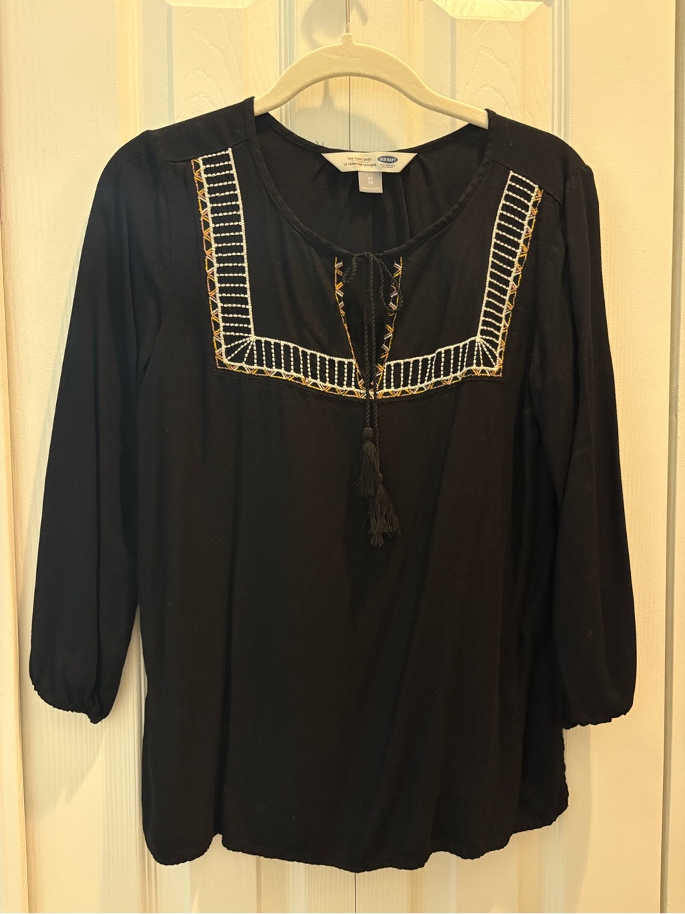 Old Navy Black Embroidered Peasant Tunic with Tassel Tie